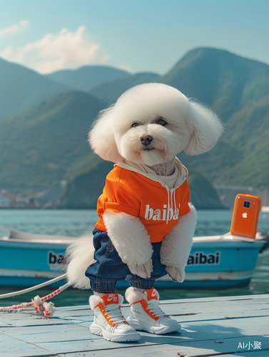 Bichon in Nike sportswear with smartphone on dock