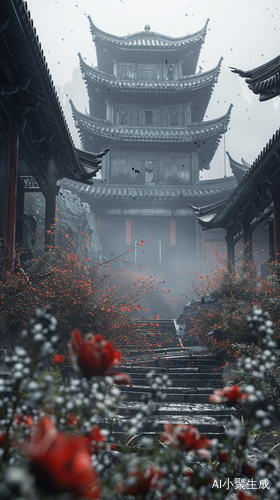 神秘雾气笼罩下的寺庙
