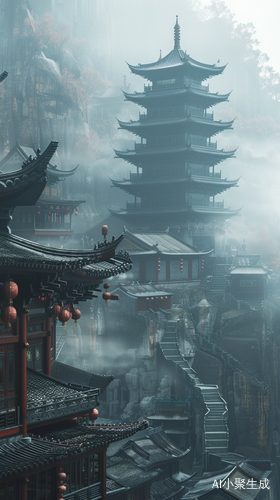 神秘雾气笼罩下的寺庙