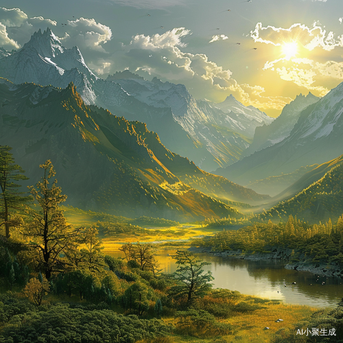 金色山岳，阳光照耀的草原与湖泊