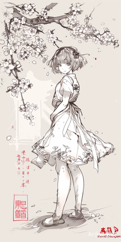 樱花树下的小清新短发女生