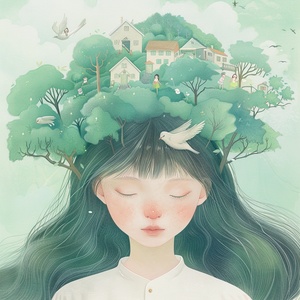 A Chinese girl with long hair , wearing white and closed eyes in the center of an illustration in the style of Hsiao Ron Cheng . In her head is green trees , houses and people playing happily . A bird flies across her face . The background color should be a light emerald green . This artwork uses soft colors to create a dreamy atmosphere . It features an elegant posture , symmetrical composition , soft lighting , delicate brushstrokes , delicate facial expressions , natural scenery , and tranquility . ar 3: