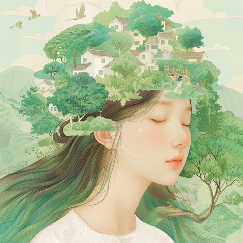 A Chinese girl with long hair , wearing white and closed eyes in the center of an illustration in the style of Hsiao Ron Cheng . In her head is green trees , houses and people playing happily . A bird flies across her face . The background color should be a light emerald green . This artwork uses soft colors to create a dreamy atmosphere . It features an elegant posture , symmetrical composition , soft lighting , delicate brushstrokes , delicate facial expressions , natural scenery , and tranquility . ar 3: