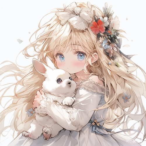 温柔甜美的白衣少女和可爱的兔子