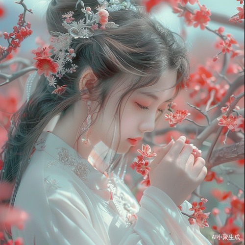 穿白色的东方女孩欣赏红色花朵的愉悦和谐