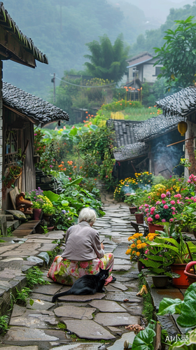 Misty Rain in a Mountain Village: Serene Life with an Old Woman and a Black Cat