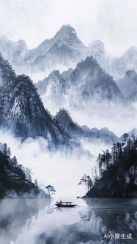 水墨画湖景，轻舟穿过万重山，晨雾轻飘，运山近水