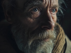 an old man with beard, in the style of experimental cinematography, george lucas, klaus wittmann, emotional, canon 电影感