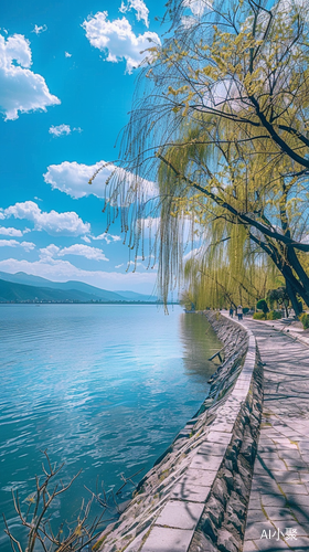 湖畔行走，柳树随风，冶愈系美景