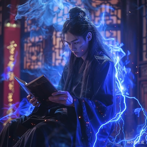 严肃男子坐在古代房间阅读书籍
