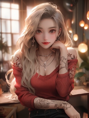 very low angle view, dutch angle, foreshortening, medium photo, perfect tattoo armed girl, # oc, , looking at viewer, Huang Ji beautiful!!, great quality, tiny waist, indoors, alluring-s 100, 8k, Tumblr, 💋 💄 👠 👗, anime aesthetic, gongbi, precision painting, soft. high quality, 2 0 2 1, ✨🕌🌙 niji 6 ar 9:16