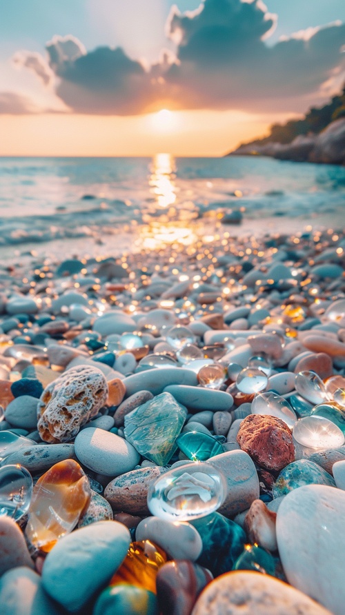 The white beach is covered with beautiful and colorful stones like glass. The beach has high-definition image quality. Very beautiful shiny gemstones are blue, white sand beach, light blue sea water, sunset, super wide angle, changing details, sparkling, crystal clear HD 8k