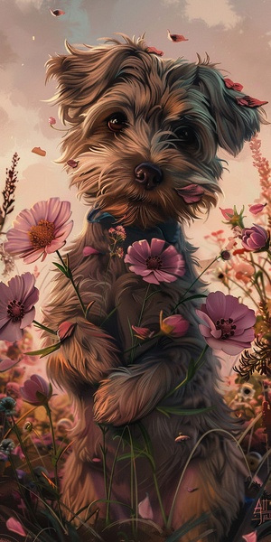 a cartoon dog holding flowers of different kinds, in the style of soft pastel scenes, magenta and brown, airbrush art, quiet moments captured in paint, i can't believe how beautiful this is, gentle expressions, wimmelbilder ar 59:93 v 6.0 style raw s 400#人工智能艺术 #我和AI有话说 #生成艺术 #AI生成 #宠物小伙伴 #猫猫狗狗 #猫狗 #灵感 #midjourney #midjourney关键词 #midjourney咒语 #midjourney学习 #mj #ai #ai绘画 #ai关键词 #ai作画 #小红书 #艺术署