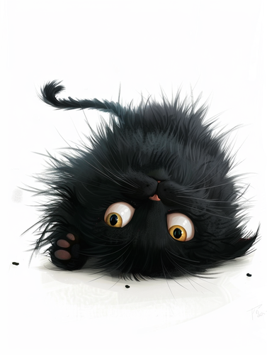 Fluffy Black Cat with Funny Expressions on a White Background