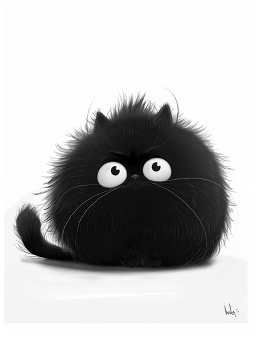 Fluffy Black Cat with Funny Expressions on a White Background