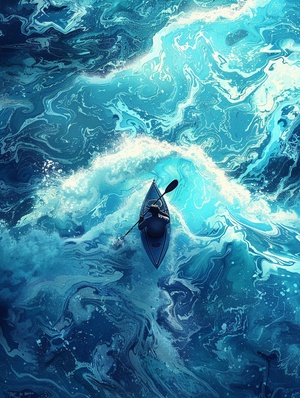 a man in a kayak on top of the waves, in the style of surreal street art, intricately mapped worlds, dima dmitriev, spirals, tang yau hoong, richard serra, Top-down perspective, Top view, Klein Blue, tiffany blue, Malta Blue, painting, oil painting ar 3:4#搞的就是艺术 #人工智能艺术 #我和AI有话说 #生成艺术 #AI生成 #midjourney #midjourney关键词 #midjourney学习 #midjourney教程 #midjourney咒语 #midjourney绘画 #Midjourney #mj #mj关键词 #mj咒语 #ai #ai绘画 #ai关键词 #小红书 #小红署 #艺术署