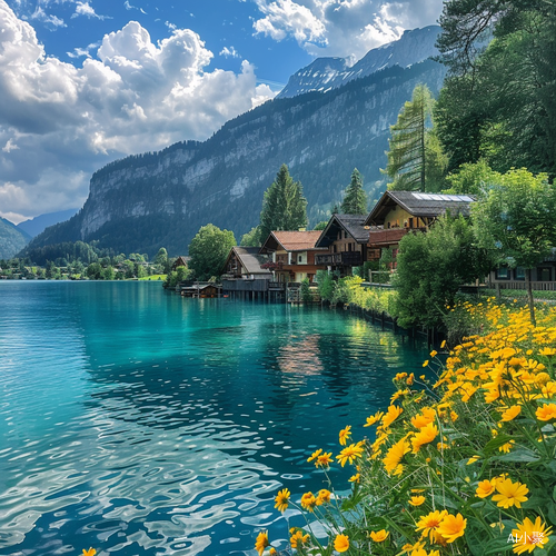 湛蓝色湖水与黄色花朵，撞色冲击的治愈风景