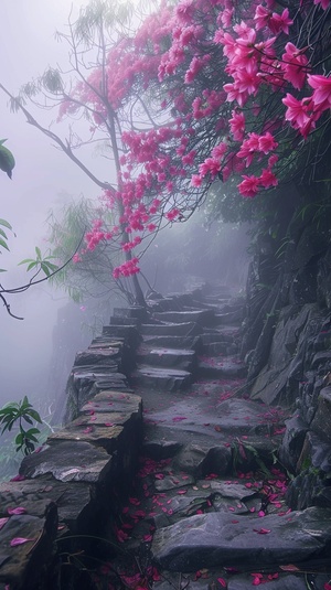 after the spring rain, surrounded by fog, humid stone ladder meandering to the distance, stone ladder on both sides of the bauhinia hanging bauhinia flowers, distant shooting, very beautiful, the picture has a deep sense, high definition, real shooting.