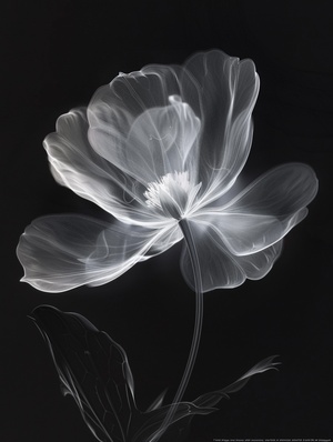 1w xray of a transparent flower on a black background, in the style of Hedi Xandt, Karl Blossfeldman and Miki Asai, xray art style, white flower petals, elegant, monochrome, soft lighting, chiaroscuro, digital painting, smooth, sharp focus, high resolution ar 11:14 style raw v 6.0#画画的日常 #人工智能艺术 #我和AI有话说 #生成艺术 #AI生成 #midjourney咒语 #Midjourney咒语 #midjourney #midjourney学习 #midjourney关键词 #mj #mj关键词 #mj咒语 #AIGC #ai #ai绘画 #小红书 #艺术署