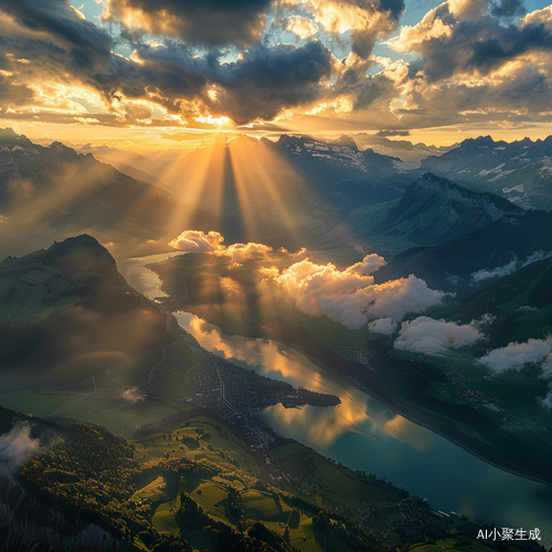 瑞士山底的强烈金色光射线