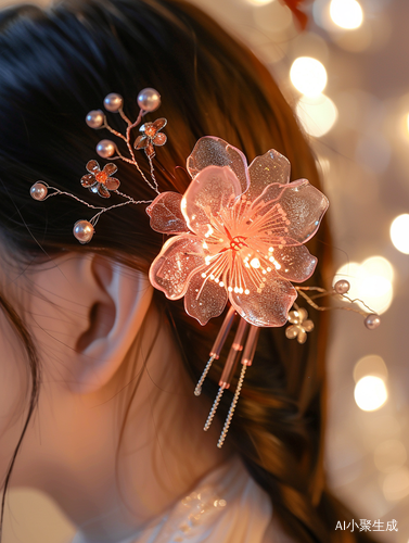 唐朝素净纯色珠钗与发光海棠花花朵