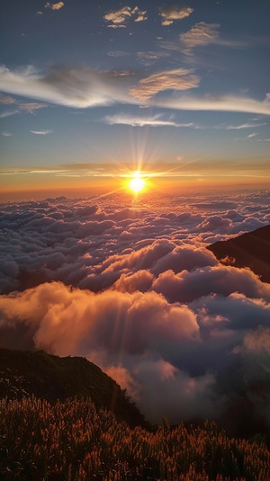 天空,广角镜头,,绿洲，唯美风景 日落 云海