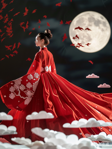 剪纸风现代汉服搭配 红色云肩舞台时尚