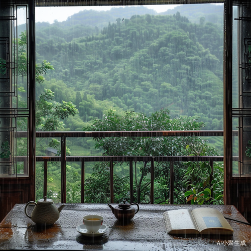 中式风格房间的开放阳台和山脉森林景色