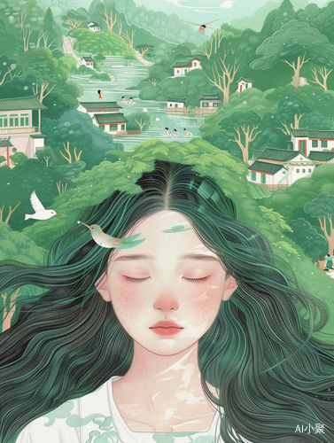 Chinese Girl in Dreamy Illustration