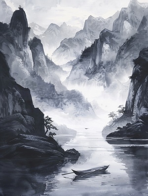 水墨画湖景，轻舟以过万重山，晨雾轻飘，运山近水。8K画质。