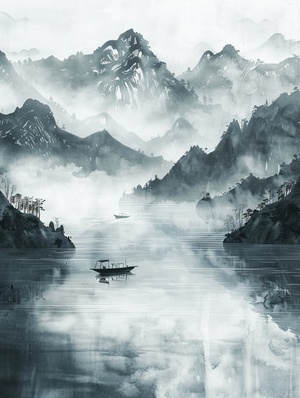 水墨画湖景，轻舟以过万重山，晨雾轻飘，运山近水。8K画质。