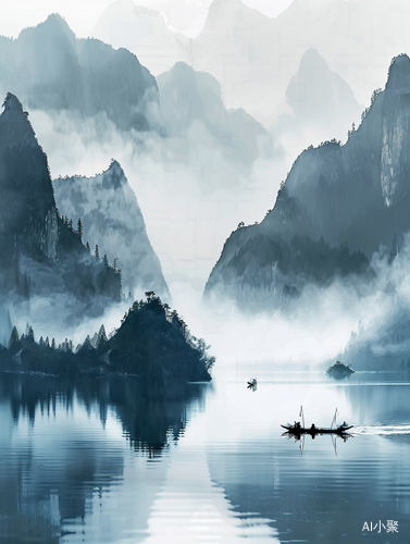 水墨画湖景