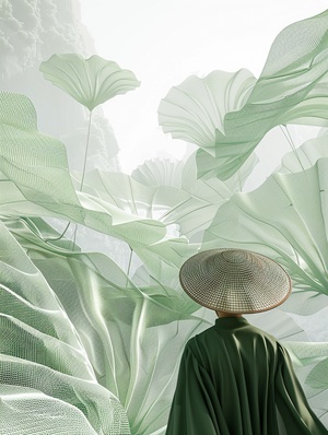 极简超现实咒语:A person, wearing a straw hat, in lotus leaves, people in the distance, large gauze mesh lotus leaves, interior installation art, Surrealist style, minimalism, white and green, clean background, ultra-high detail, 3d rendering ar 4:5 stylize 250