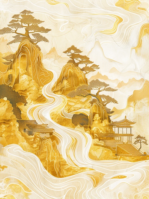 国风｜悬浮流淌的山水01｜：illustration， gold yellow mountain pavilions and trees in the style of gilding, flowing liquid silver against a minimalist color field background, Lots of white space，with freehand brushwork techniques capturing natural light and golden light, by Julie Guillem, minimalist, shown through ultrahigh definition images with detailed details in HD quality. ar 3:4 v 6.0