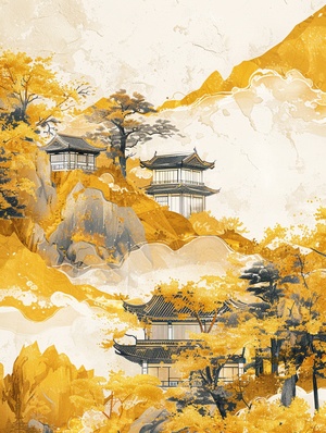 国风｜悬浮流淌的山水01｜：illustration， gold yellow mountain pavilions and trees in the style of gilding, flowing liquid silver against a minimalist color field background, Lots of white space，with freehand brushwork techniques capturing natural light and golden light, by Julie Guillem, minimalist, shown through ultrahigh definition images with detailed details in HD quality. ar 3:4 v 6.0