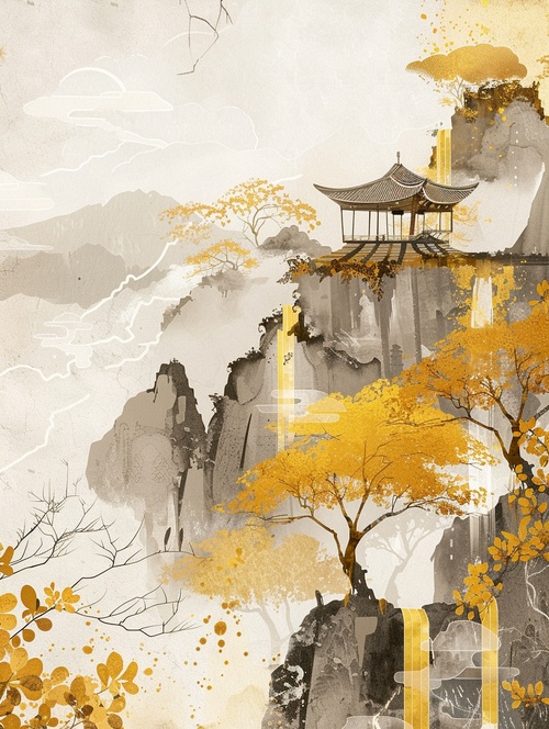 国风｜悬浮流淌的山水illustration， gold yellow mountain pavilions and trees in the style of gilding, flowing liquid silver against a minimalist color field background, Lots of white space，with freehand brushwork techniques capturing natural light and golden light, by Julie Guillem, minimalist, shown through ultrahigh definition images with detailed details in HD quality. ar 3:4 v 6.0