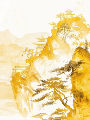 国风｜悬浮流淌的山水illustration， gold yellow mountain pavilions and trees in the style of gilding, flowing liquid silver against a minimalist color field background, Lots of white space，with freehand brushwork techniques capturing natural light and golden light, by Julie Guillem, minimalist, shown through ultrahigh definition images with detailed details in HD quality. ar 3:4 v 6.0