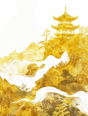 国风｜悬浮流淌的山水illustration， gold yellow mountain pavilions and trees in the style of gilding, flowing liquid silver against a minimalist color field background, Lots of white space，with freehand brushwork techniques capturing natural light and golden light, by Julie Guillem, minimalist, shown through ultrahigh definition images with detailed details in HD quality. ar 3:4 v 6.0