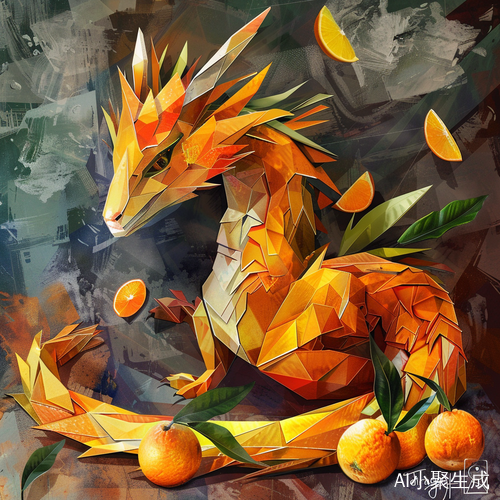 橙子几何图形与龙的装饰构成