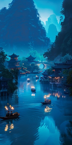 several people on small boats with torches in the water, very beautiful scenery, stunning scenery, incredibly beautiful, very very beautiful scenery, breathtaking scenery, scenic view at night, beautiful scenery, beautiful scenic view, very very very beautiful scenery, majestic nature scenery, chinese landscape, night setting, gorgeous scenery, summer evening, chinese artist, very extremely beautiful, karst landscape