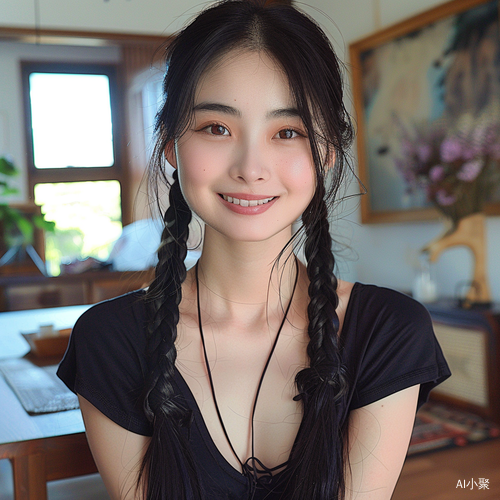 中国美女在家自拍短袖照-长黑辫微笑亚洲女孩风格