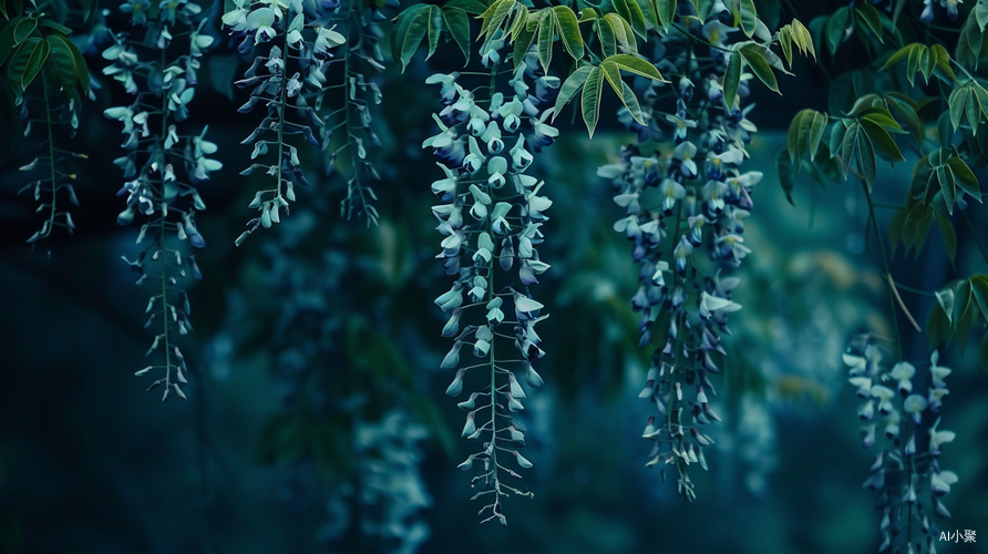 清新近景：紫藤花高清盛开的深蓝绿色底