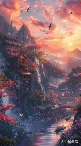 山峰与瀑布下的精美画面