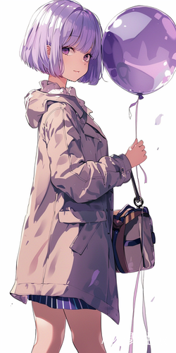 回眸微笑的淡紫色短发女生手拿气球
