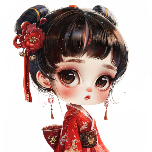 国风插画小娃娃表情贴纸，开心、生气、难过，精致细节设计