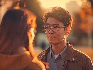 Modernly dressed Chinese man with glasses, fatherly figure, 12-year-old daughter, walking together, facing the viewer, urban park setting, casual yet stylish attire, warm sunset light, close-up perspective, emotional connection, vivid colors, high detail, realistic style, 4K resolution