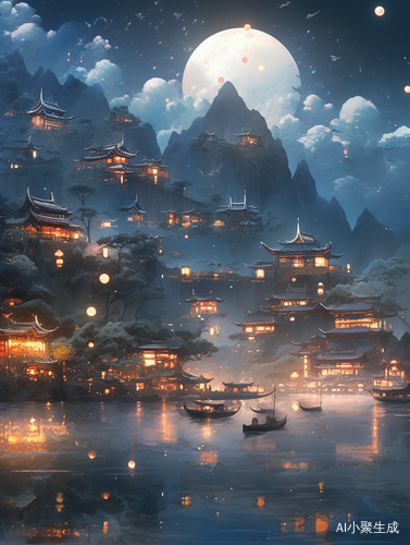 夜晚天空月亮星星中国村子湖边唯美画面解压治愈