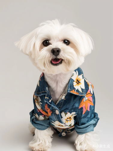 可爱的白色马耳他犬穿着五颜六色牛仔连体裤站立在纯白背景前