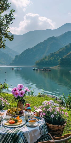 一幅风景如画的户外野餐场景,色彩柔和的花朵、俯瞰着四川省平芝湖的宁静水域和葱郁的绿色植物。湖边景色,草地上为两人设置好的桌子、椅子、桌布、花卉摆设,食物包括水果、小吃、茶杯,美丽的山脉在蓝天下清晰可见,阳光投射出柔和的影子,氛围宁静,自然景色田园诗般。高分辨率。逼真照片。