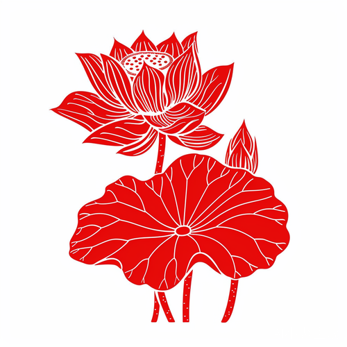 极简中国剪纸 荷花红色镂空矢量剪影